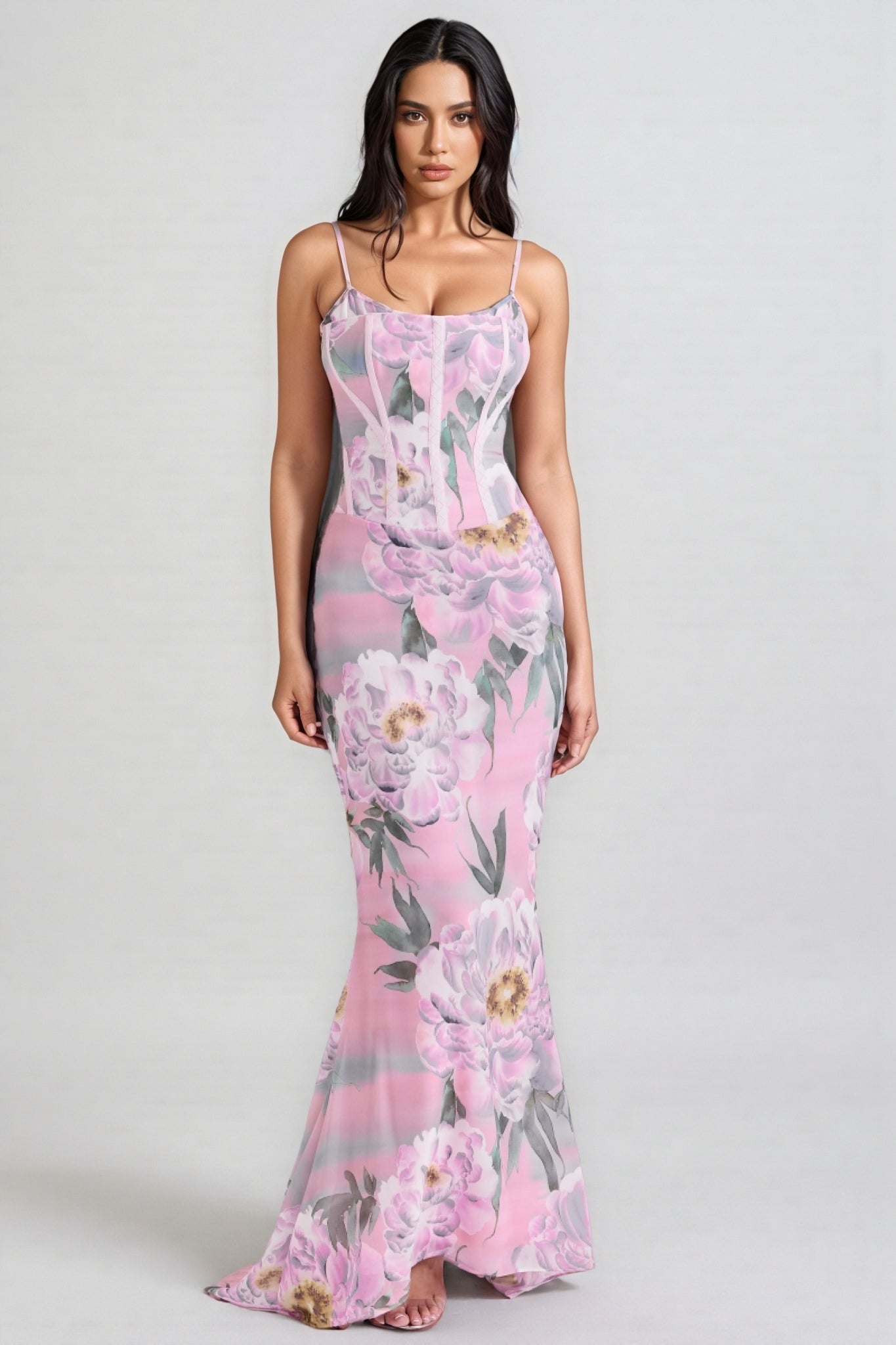 Floral Spaghetti Strap Corset Mermaid Maxi Dress
