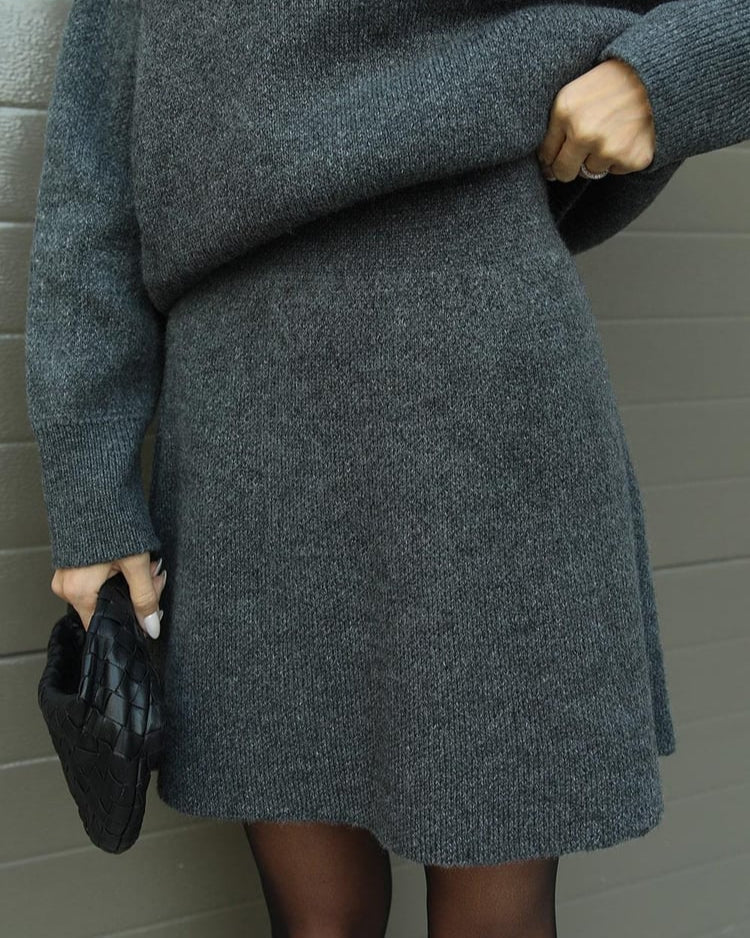 Crew Neck Oversized Knit Sweater and Mini Skirt Two Piece Set