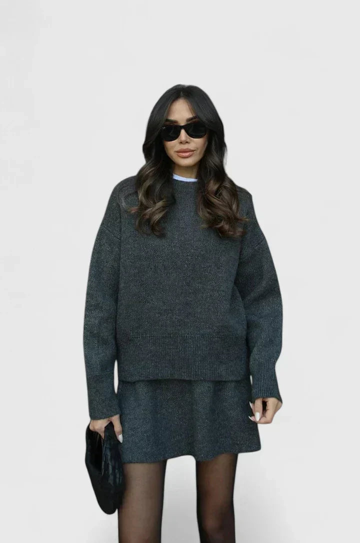 Crew Neck Oversized Sweater and Mini Skirt Two Piece Set