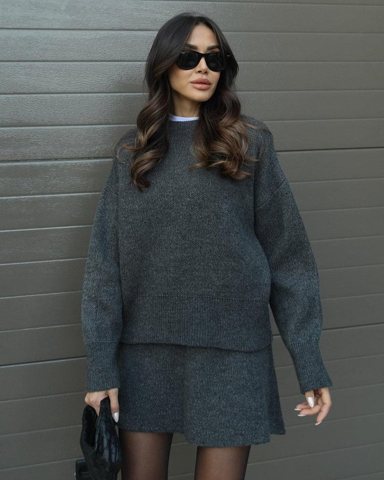 Crew Neck Oversized Knit Sweater and Mini Skirt Two Piece Set