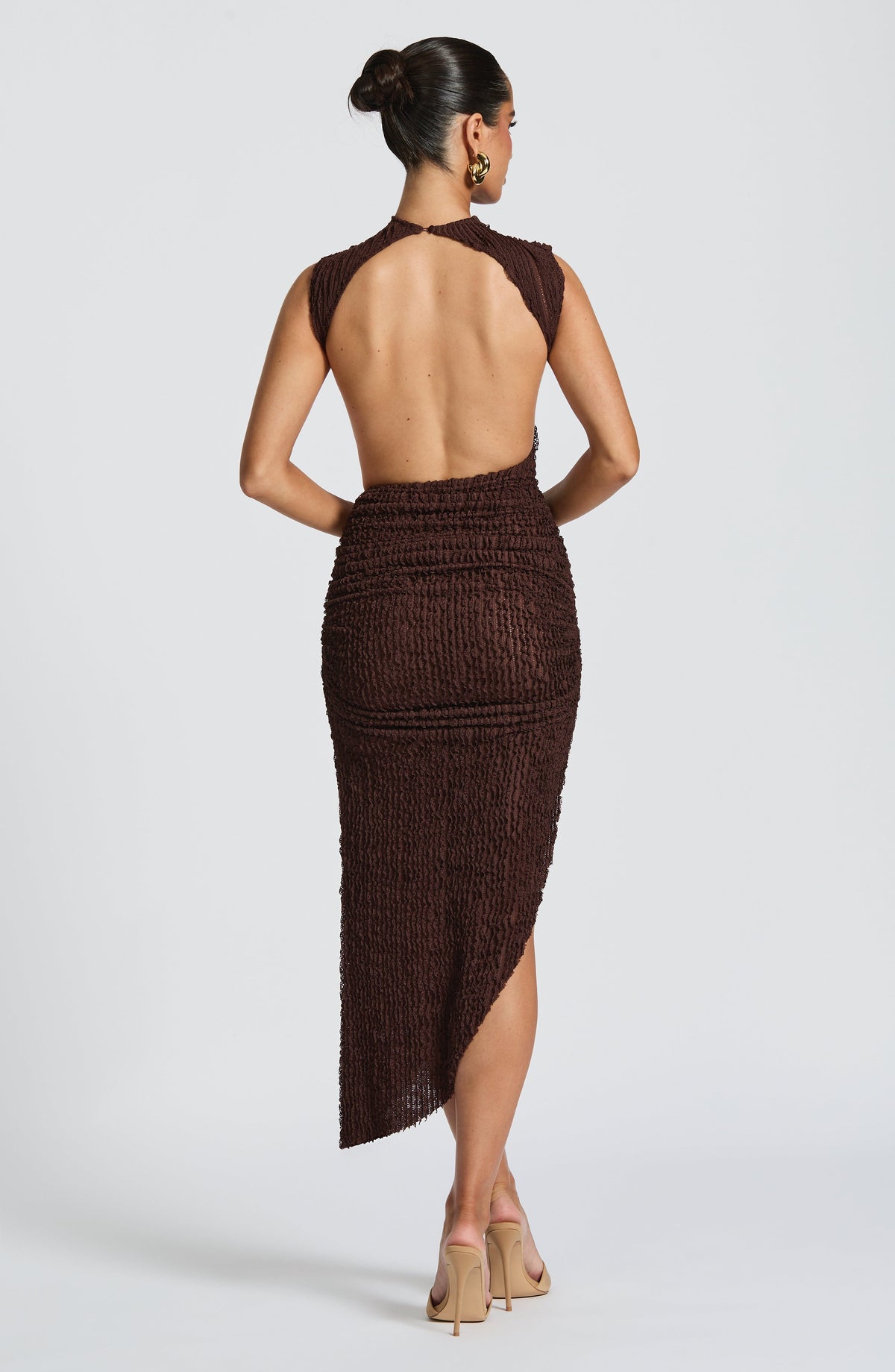 Textured Knit Mock Neck Cap Sleeve Ruched Asymmetric Split Midi Dress 4