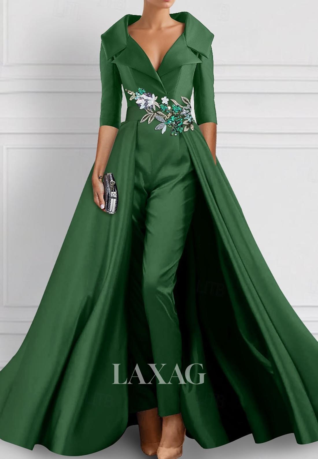 V-Neck Half-Sleeves Pleated Formal Gowns Sequined Embroidered Mermaid Wedding Guest Dress