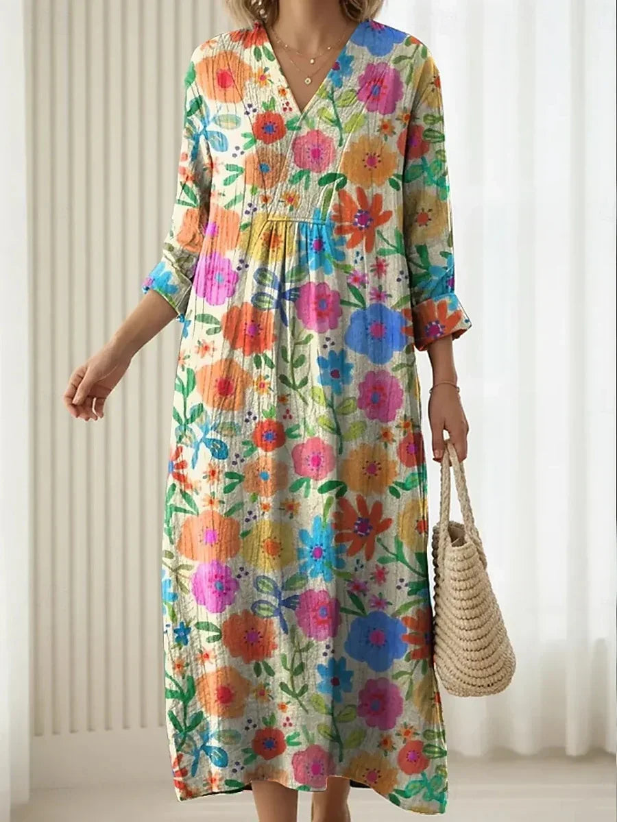 Notch Neck Roll Tab Sleeve Floral Print Midi Dress