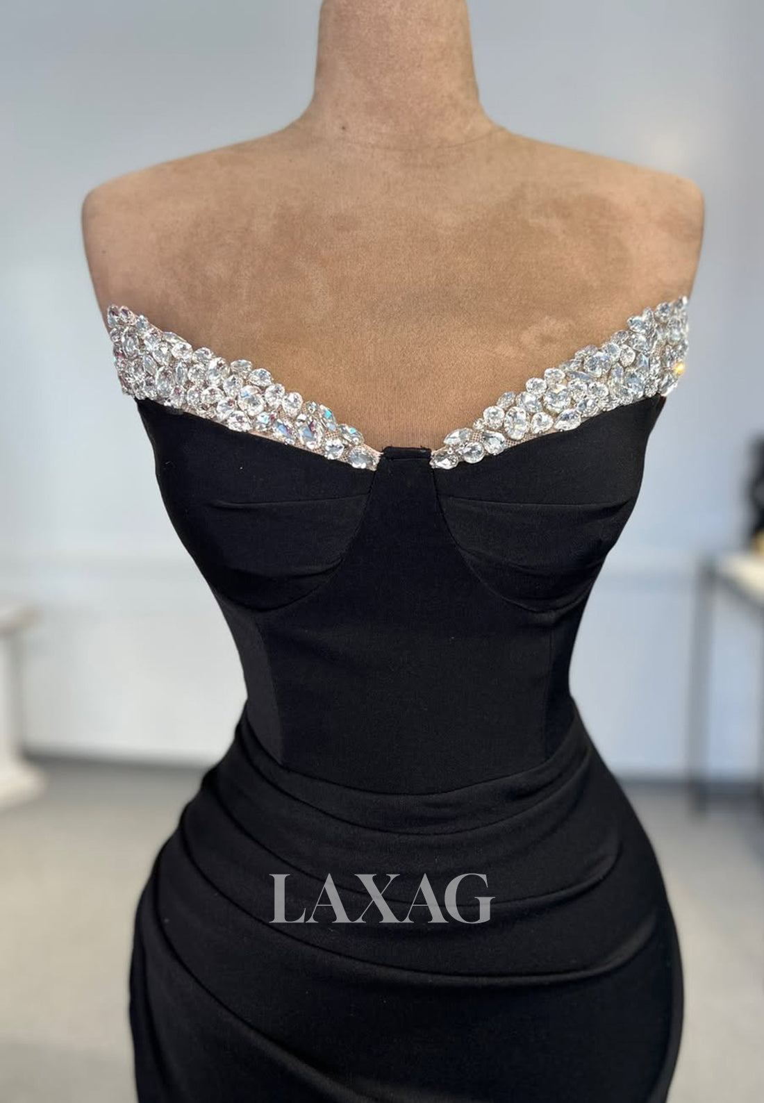 Rhinestone V-Neck Off-Shoulder Floor-Length Mermaid Prom Dress Pleated Satin High Slit Formal Gowns