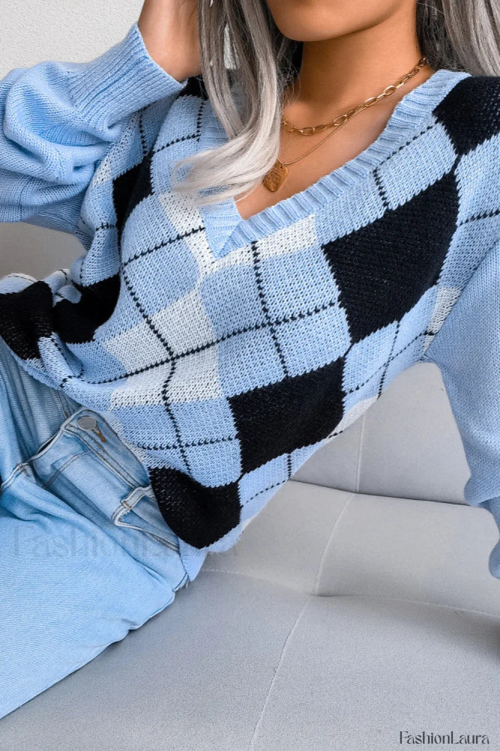 Argyle V-Neck Knit Pullover Sweater