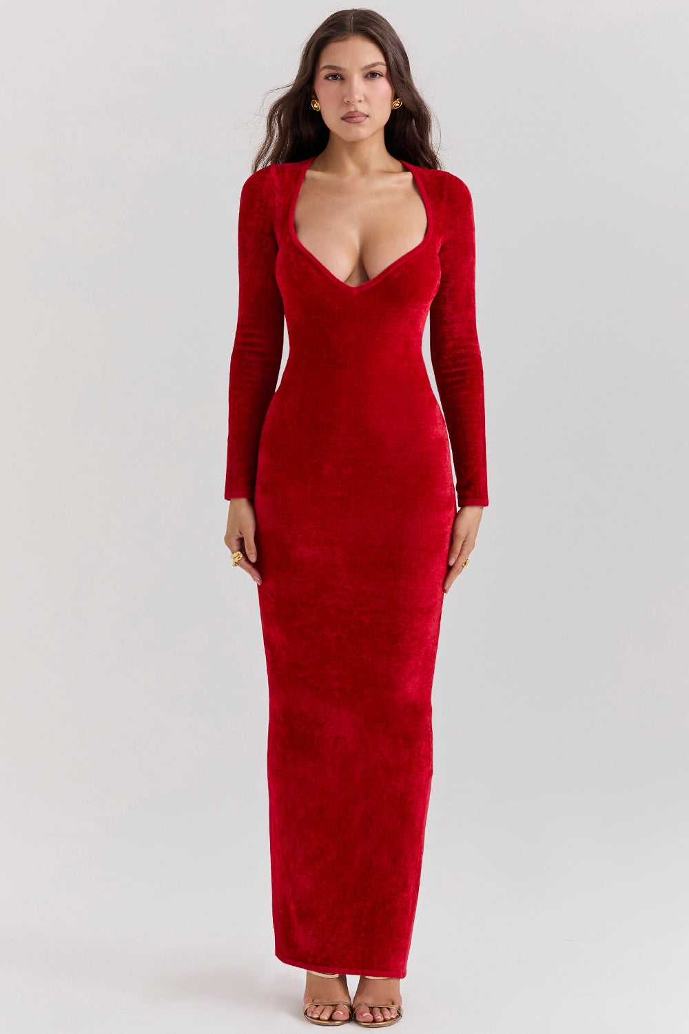 Velvet Sweetheart Neck Long Sleeve Bodycon Maxi Dress 3