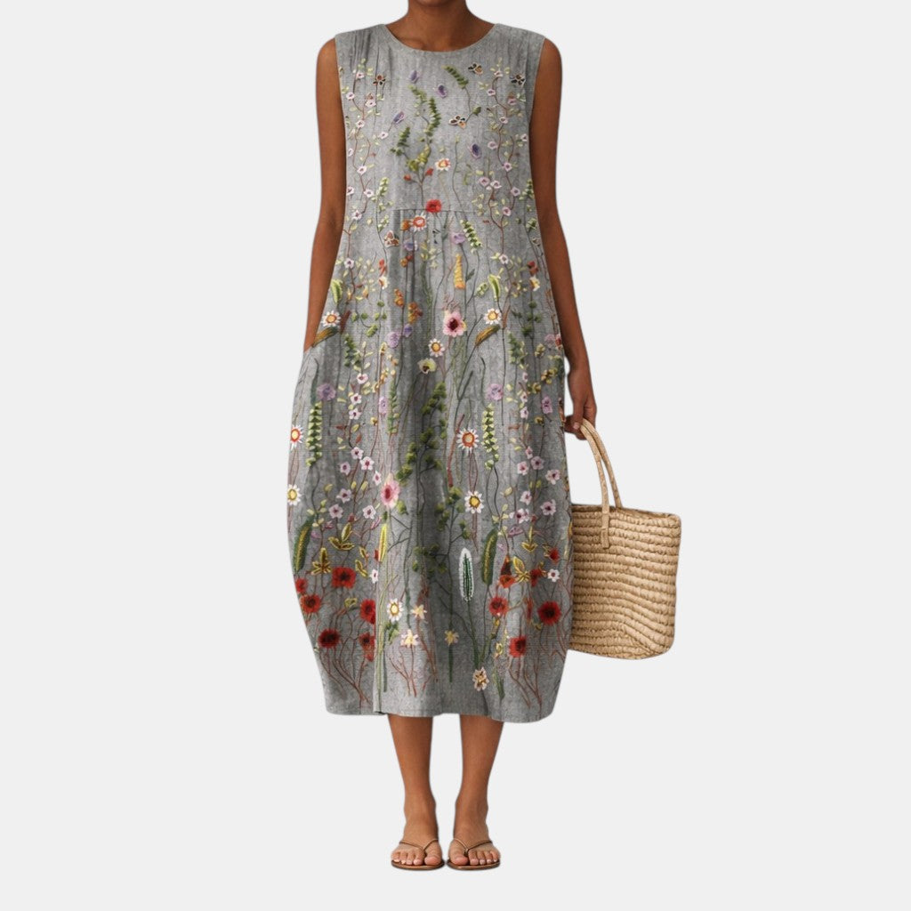 Botanical Floral Crew Neck Sleeveless Pocket Midi Dress