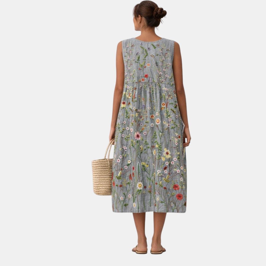 Botanical Floral Crew Neck Sleeveless Pocket Midi Dress