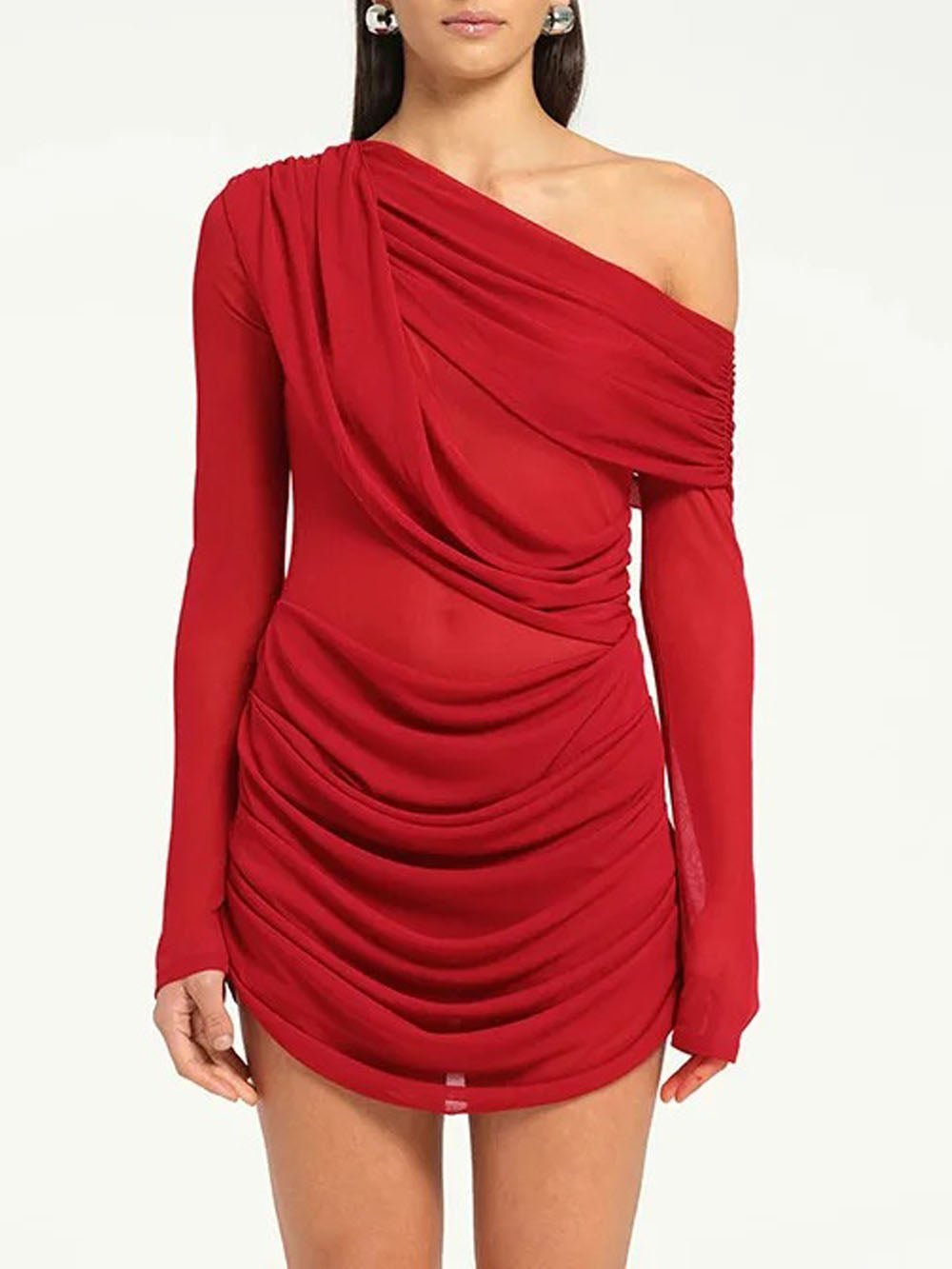One Shoulder Long Sleeve Draped Ruched Sheer Mesh Bodycon Mini Dress