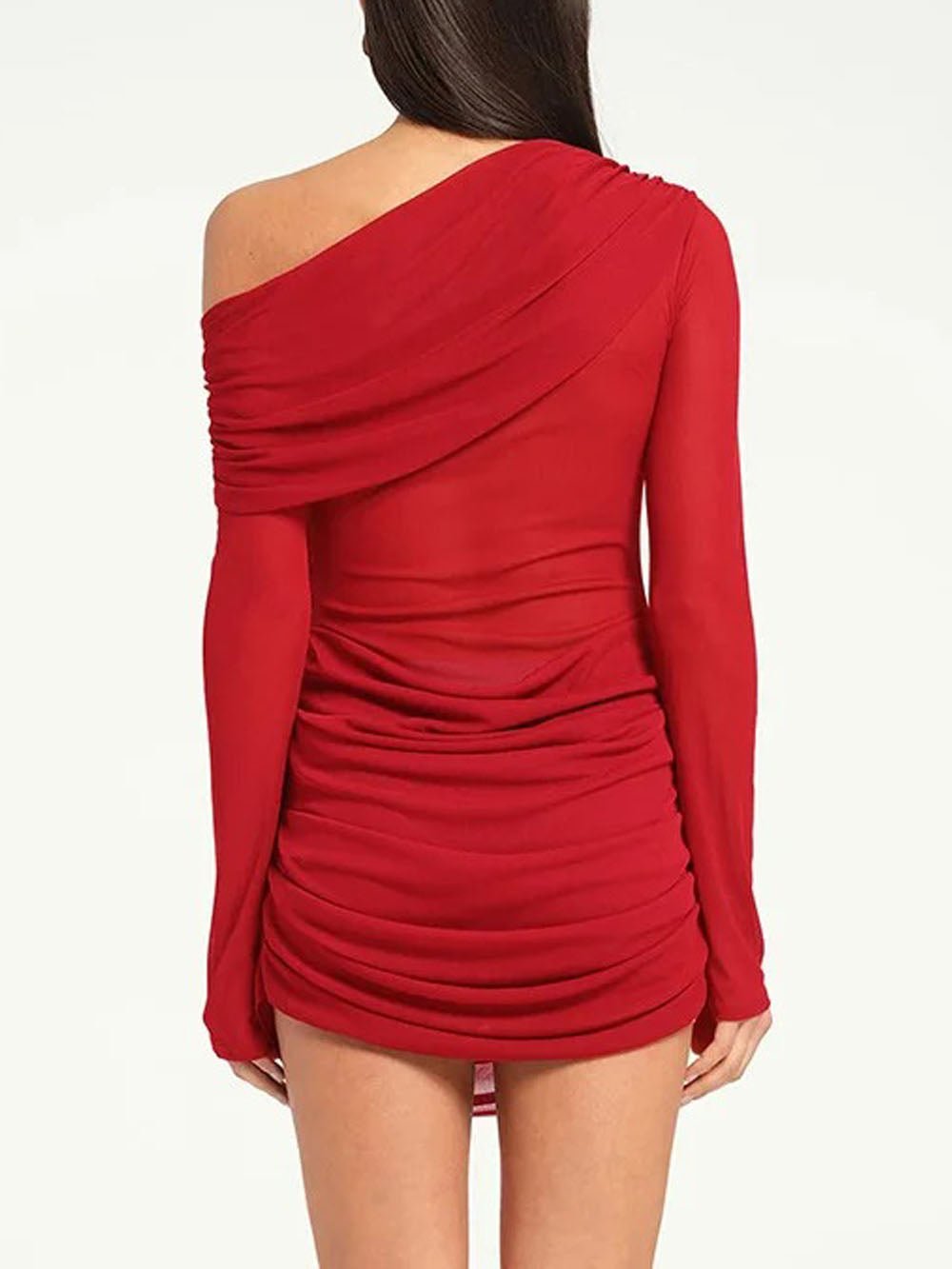 One Shoulder Long Sleeve Draped Ruched Sheer Mesh Bodycon Mini Dress 2