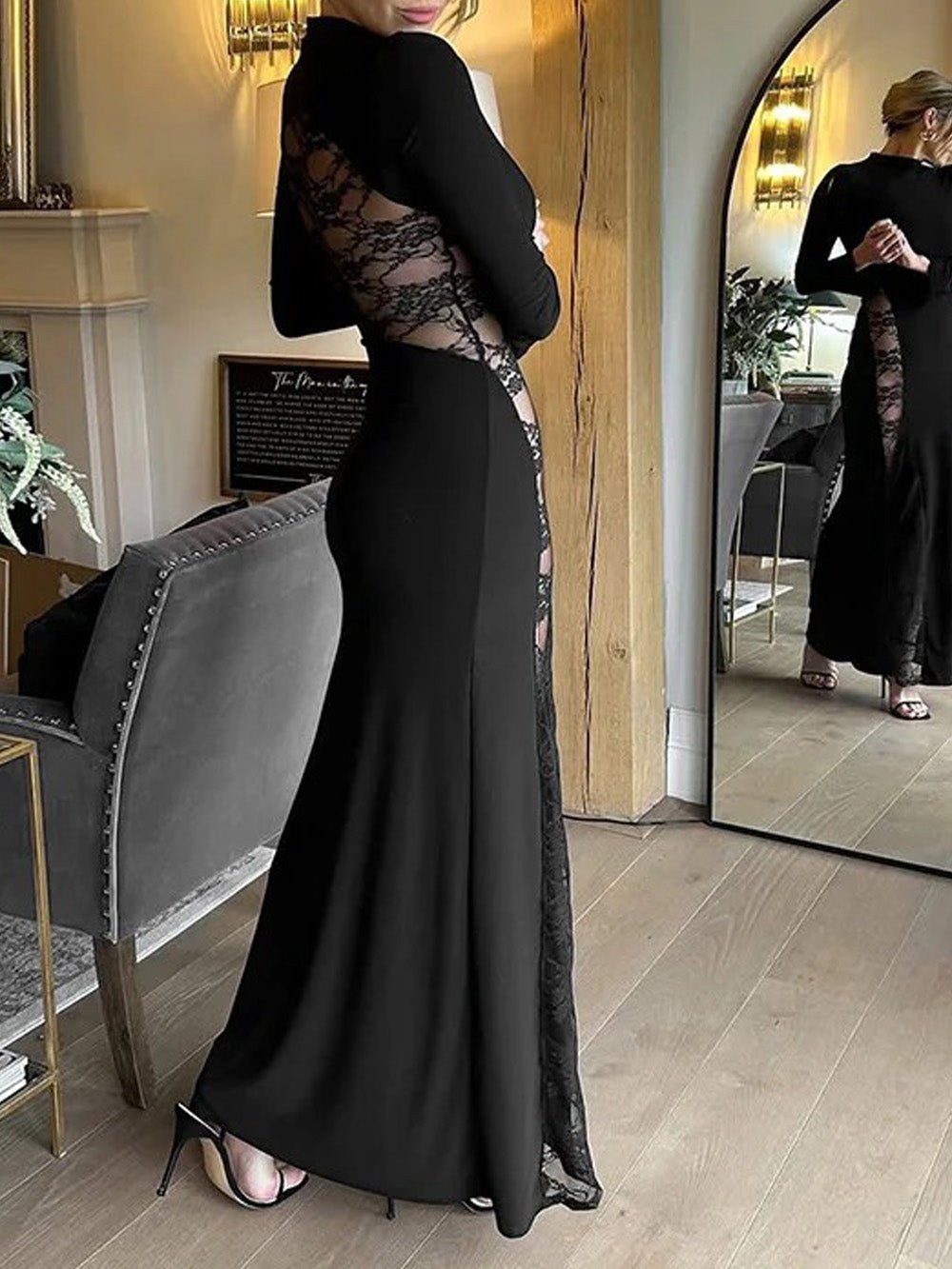 Mock Neck Long Sleeve Sheer Lace Side Panel Maxi Dress 3
