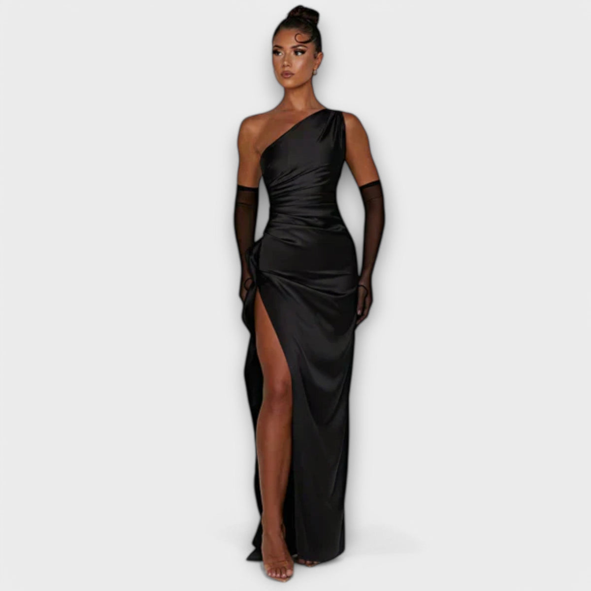 One Shoulder Ruched High Split Satin Maxi Dress