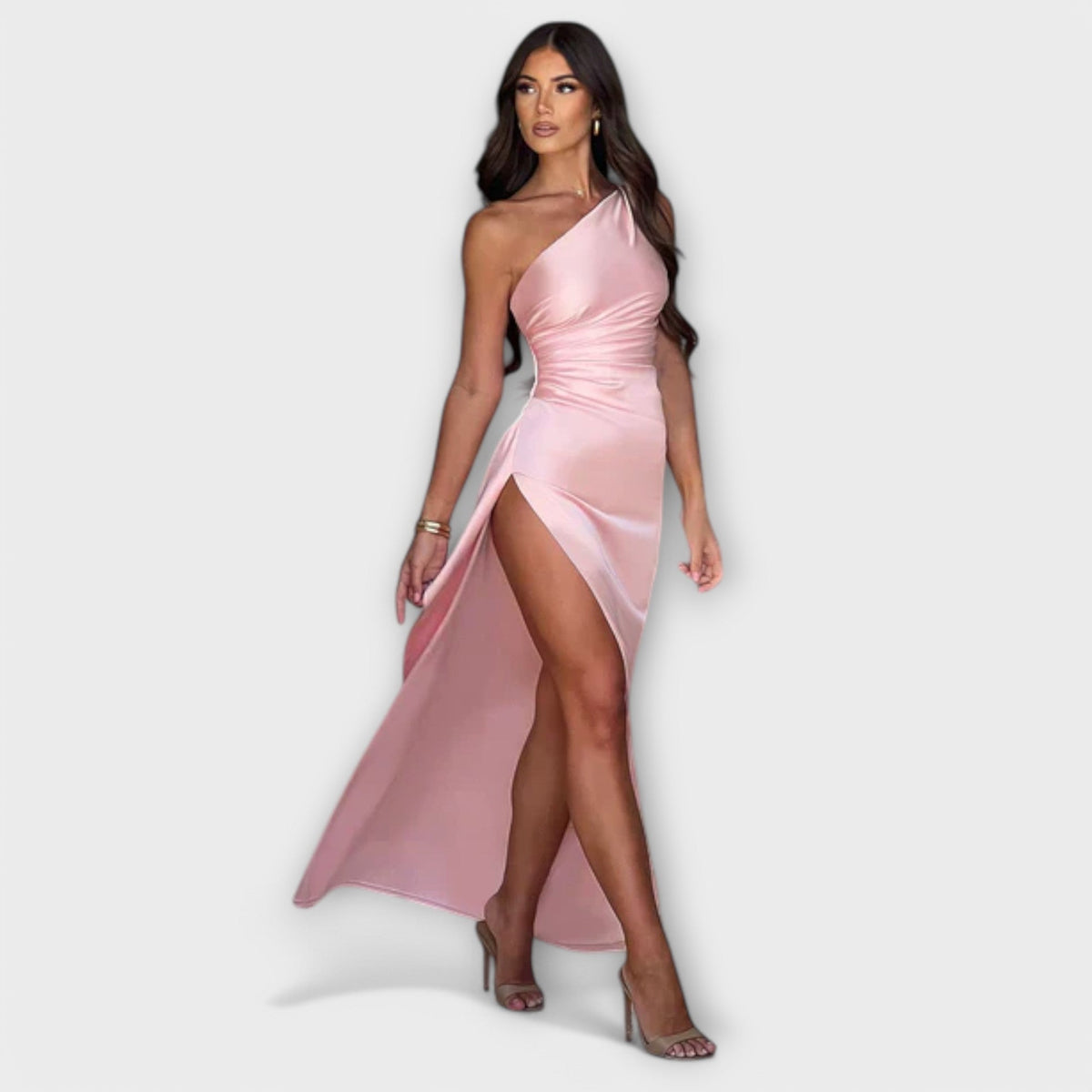 One Shoulder Ruched High Split Satin Maxi Dress