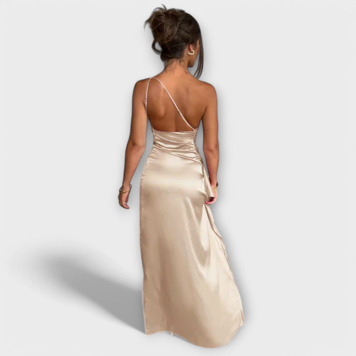 One Shoulder Ruched High Split Satin Maxi Dress