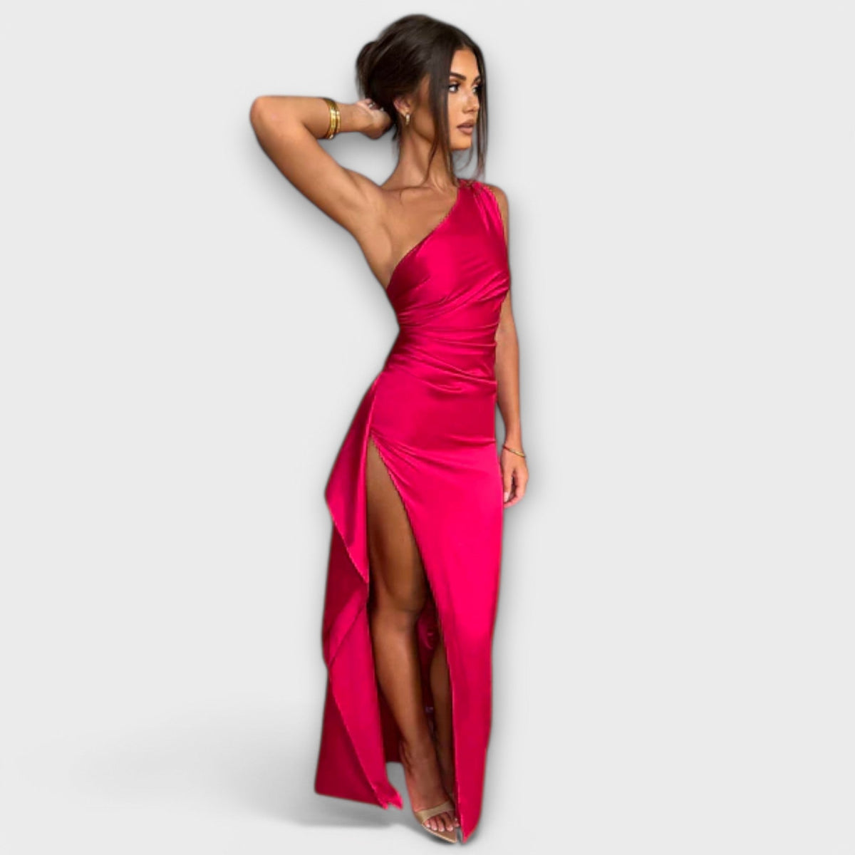 One Shoulder Ruched High Split Satin Maxi Dress