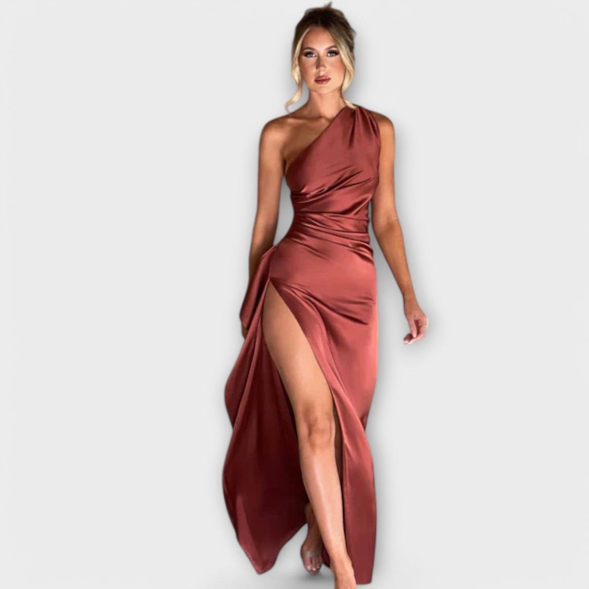 One Shoulder Ruched High Split Satin Maxi Dress