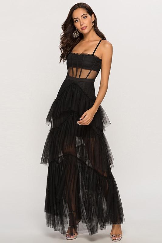 Tulle Spaghetti Strap Corset Tiered Maxi Dress