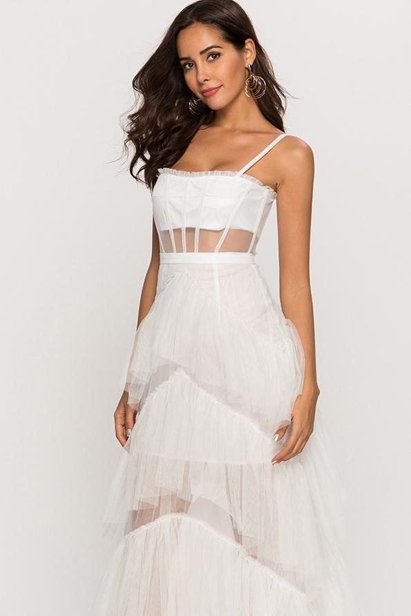 Tulle Spaghetti Strap Corset Tiered Maxi Dress