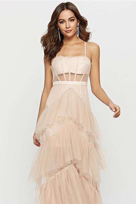 Tulle Spaghetti Strap Corset Tiered Maxi Dress