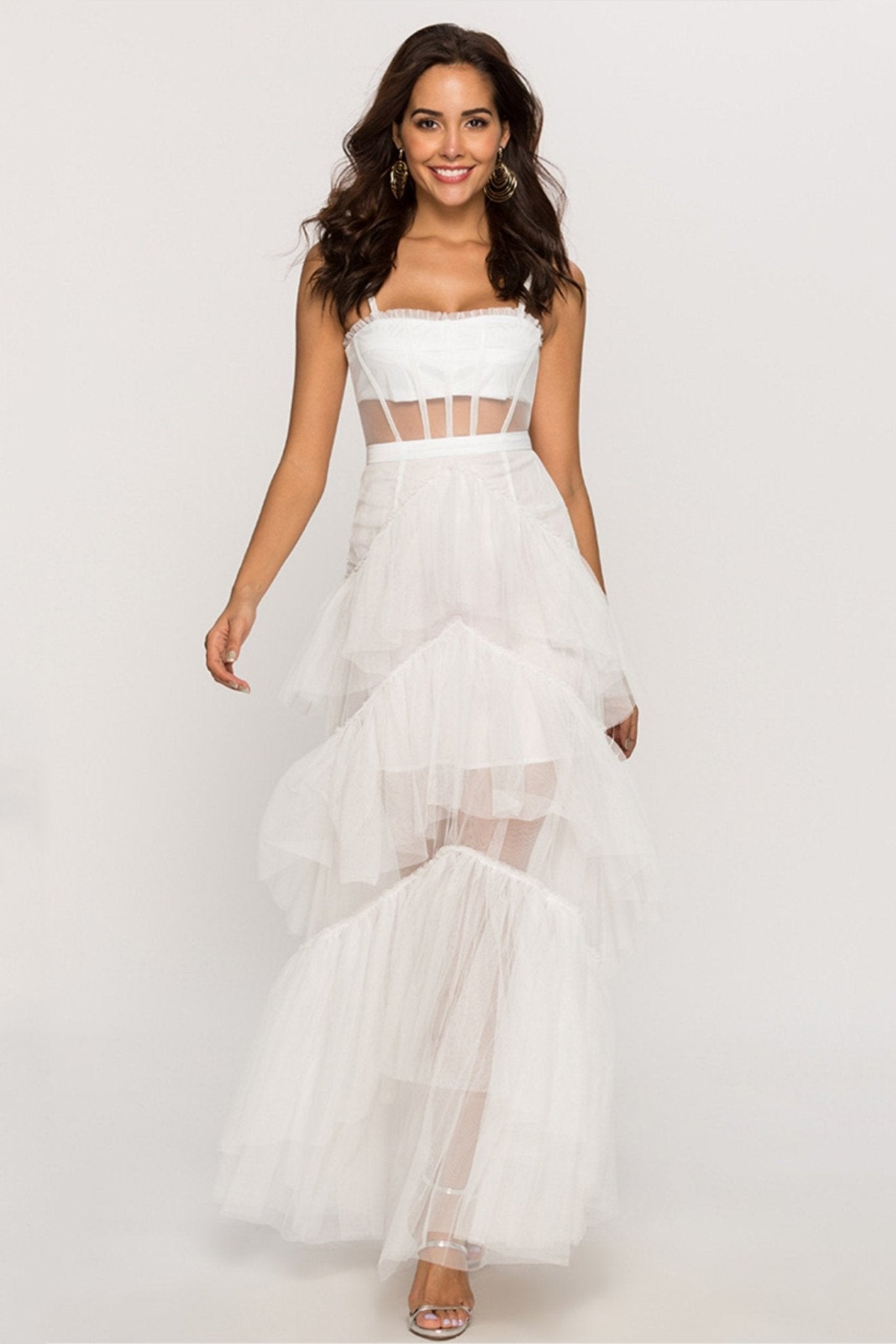 Tulle Spaghetti Strap Corset Tiered Maxi Dress