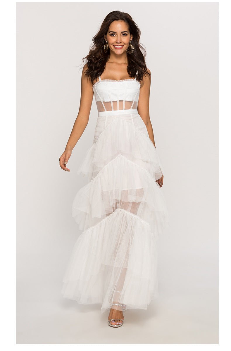 Tulle Spaghetti Strap Corset Tiered Maxi Dress