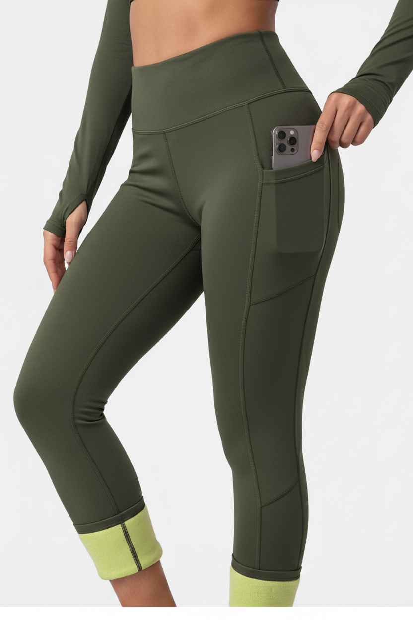 Black Leggings Fleece-Lined High-Waisted With Pockets For Cold Weather Comfort Everyday - Jamota