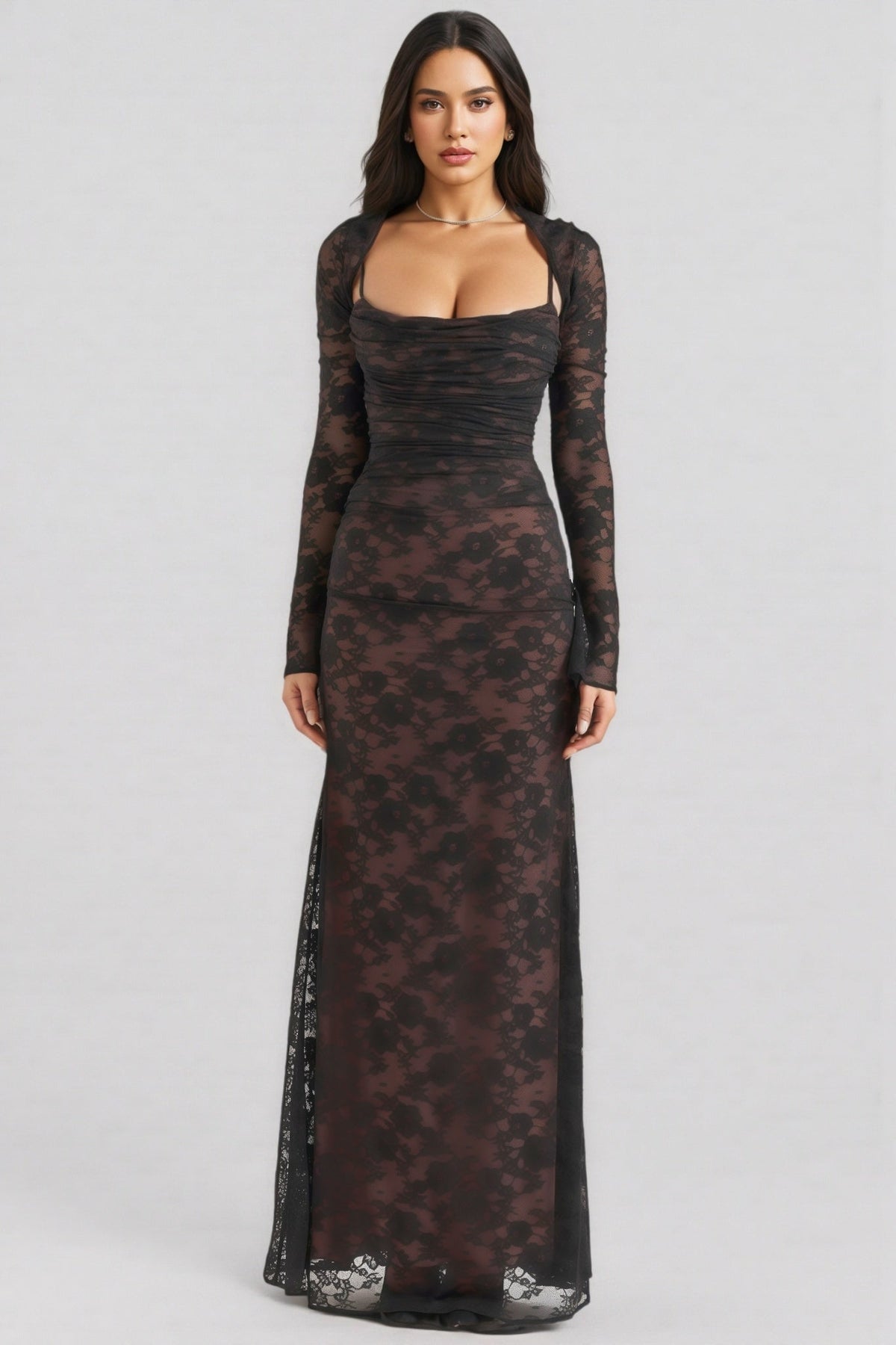 Sheer Floral Lace Square Neck Long Sleeve Ruched Bodice Maxi Dress