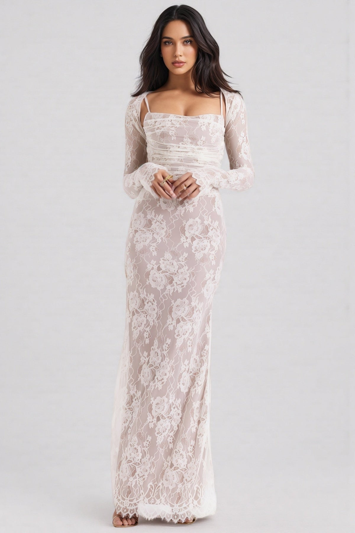 Sheer Floral Lace Square Neck Long Sleeve Ruched Bust Maxi Dress
