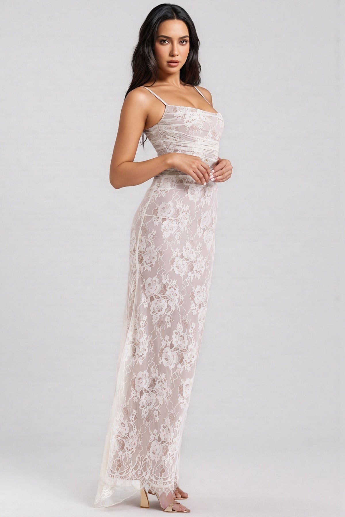 Sheer Floral Lace Square Neck Long Sleeve Ruched Bust Maxi Dress 5