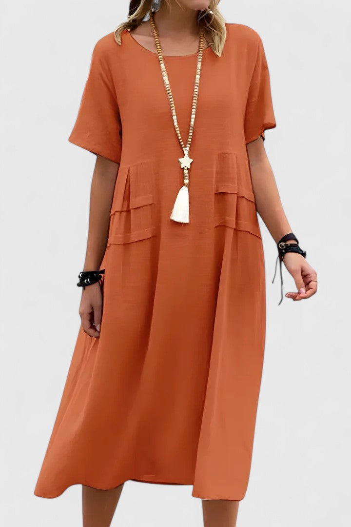 Short Sleeve Pocket Linen Look Midi Dress