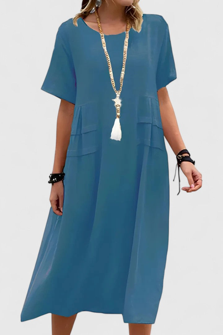 Short Sleeve Pocket Linen Look Midi Dress 3