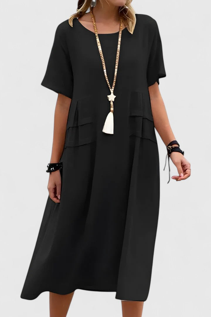 Short Sleeve Pocket Linen Look Midi Dress 5