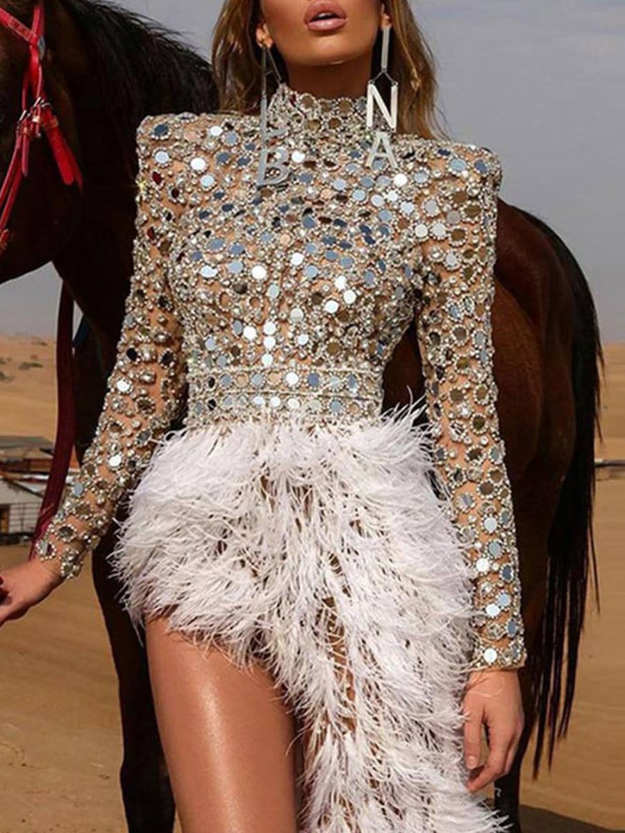 Mirror Sequin Mock Neck Long Sleeve Feather Skirt Mini Dress