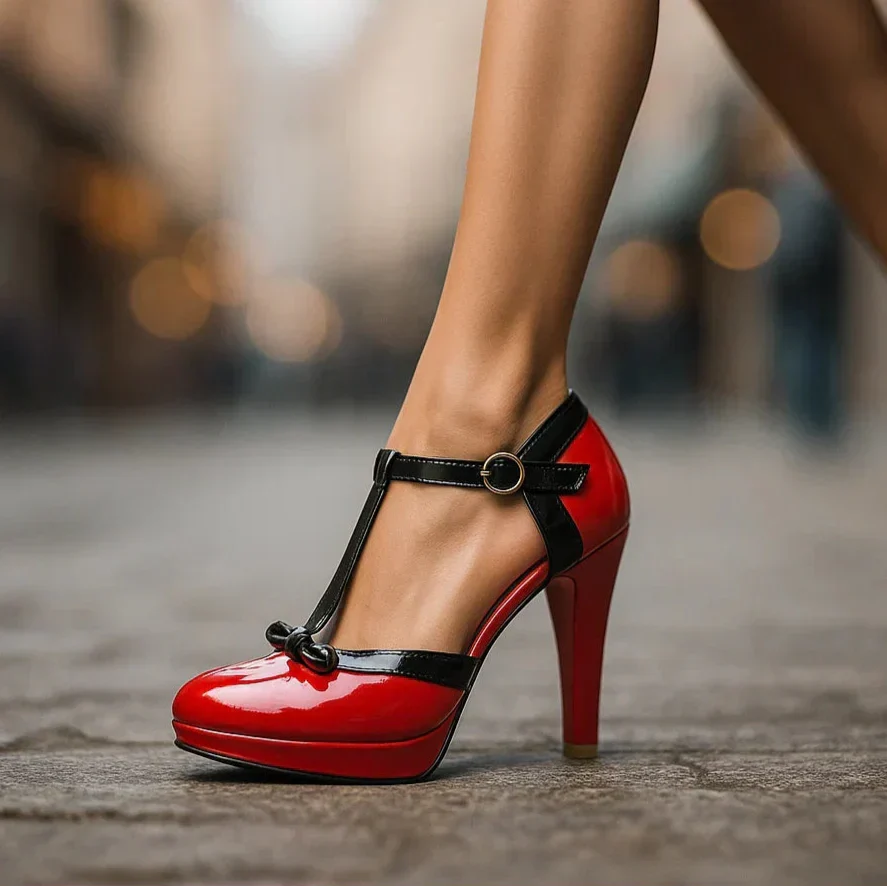 Round Toe Bow T-Strap Platform Block Heel Pumps