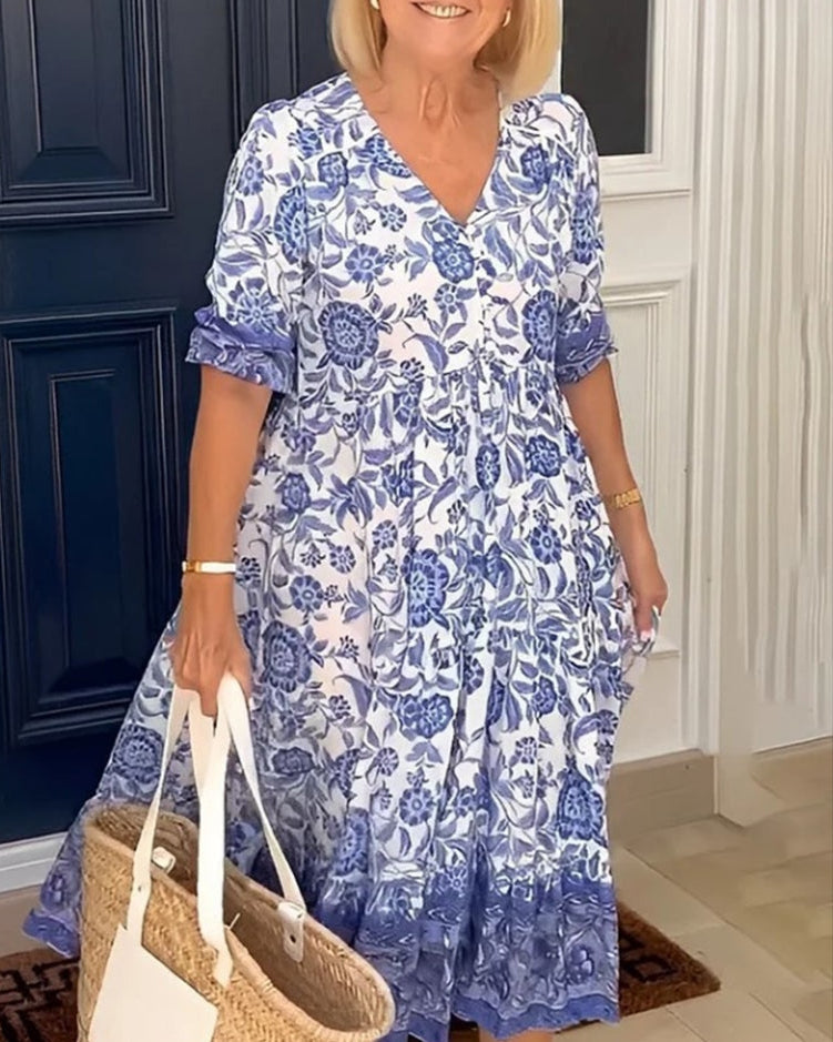 Border Floral V-Neck Short Sleeve Tiered Midi Dress 2