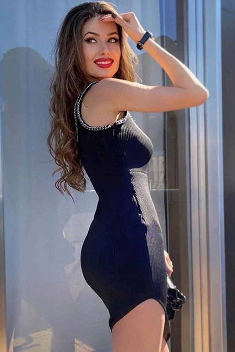 Ribbed Scoop Neck Chain Trim Shoulder Strap Bandage Bodycon Mini Party Dress