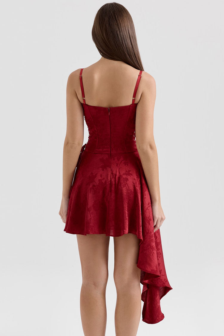 Asymmetric Draped Lace Up Bustier Corset Jacquard Slip Party Mini Dress