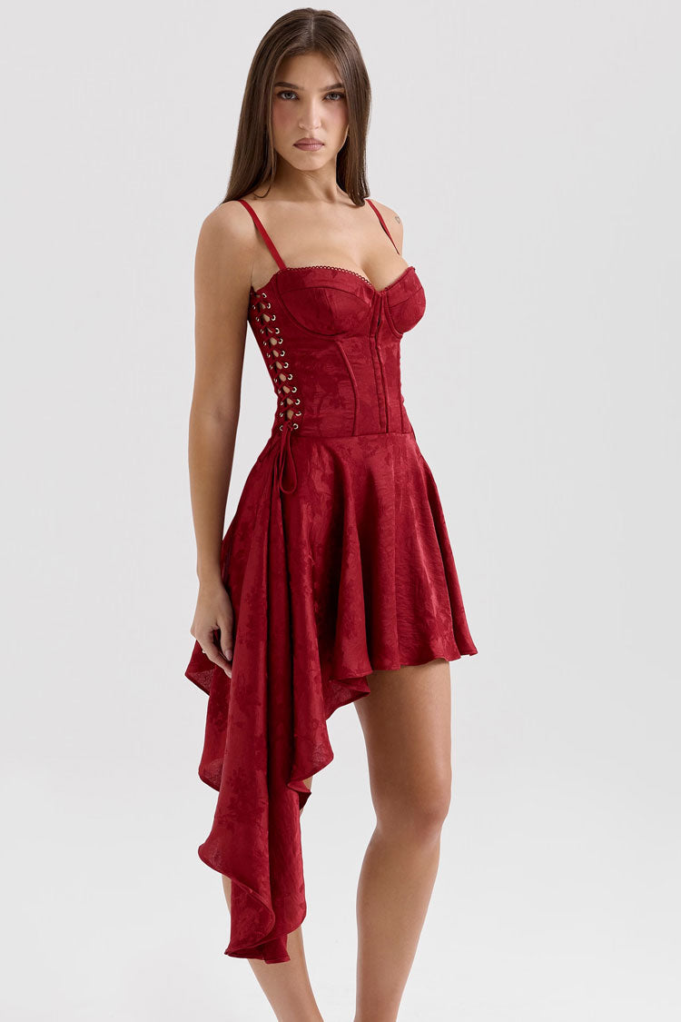 Asymmetric Draped Lace Up Bustier Corset Jacquard Slip Party Mini Dress