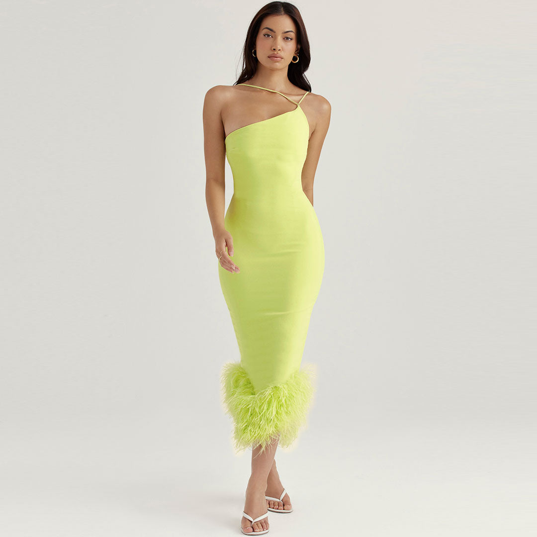 Feather Trim Sleeveless Bodycon Cocktail Midi Dress