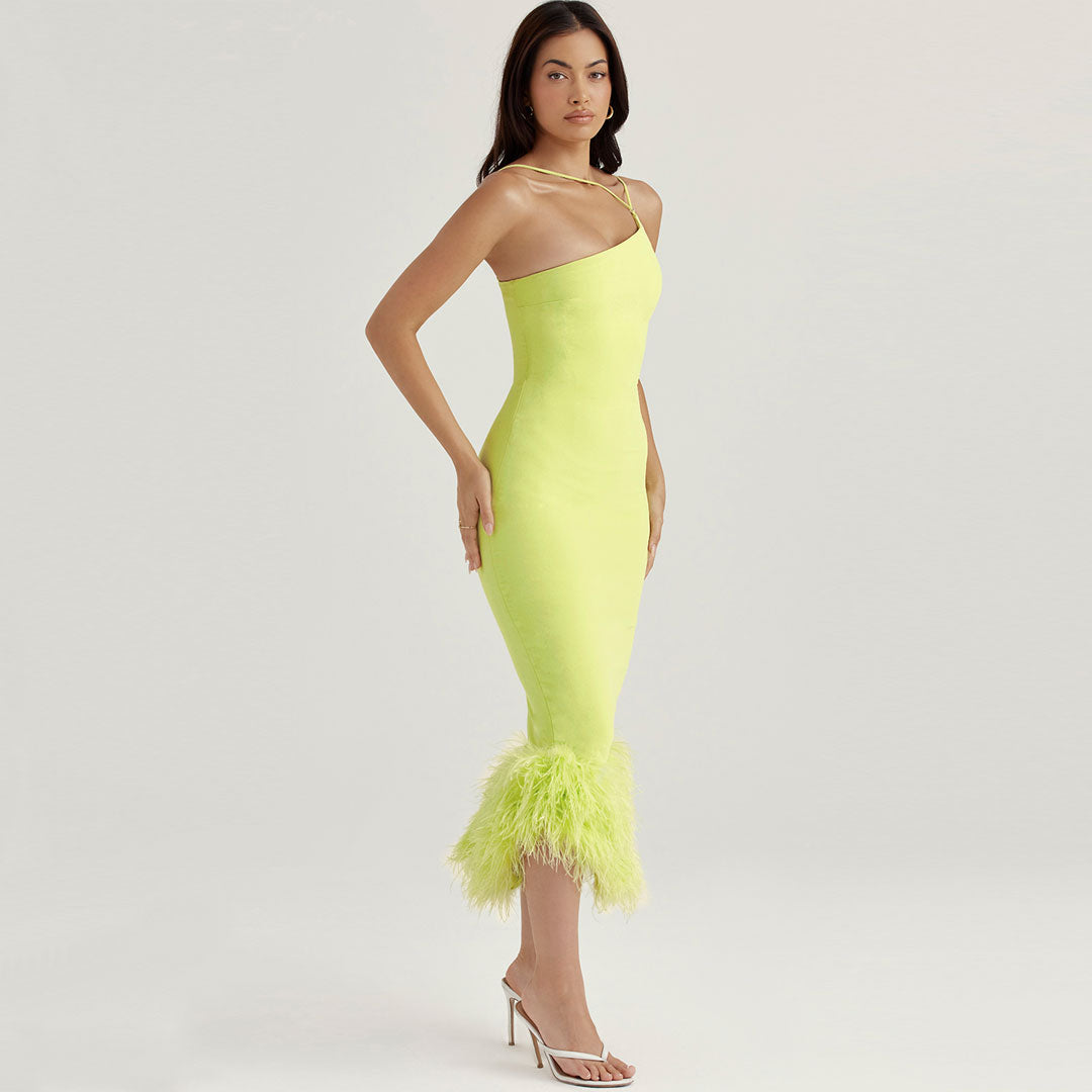 Feather Trim Sleeveless Bodycon Cocktail Midi Dress