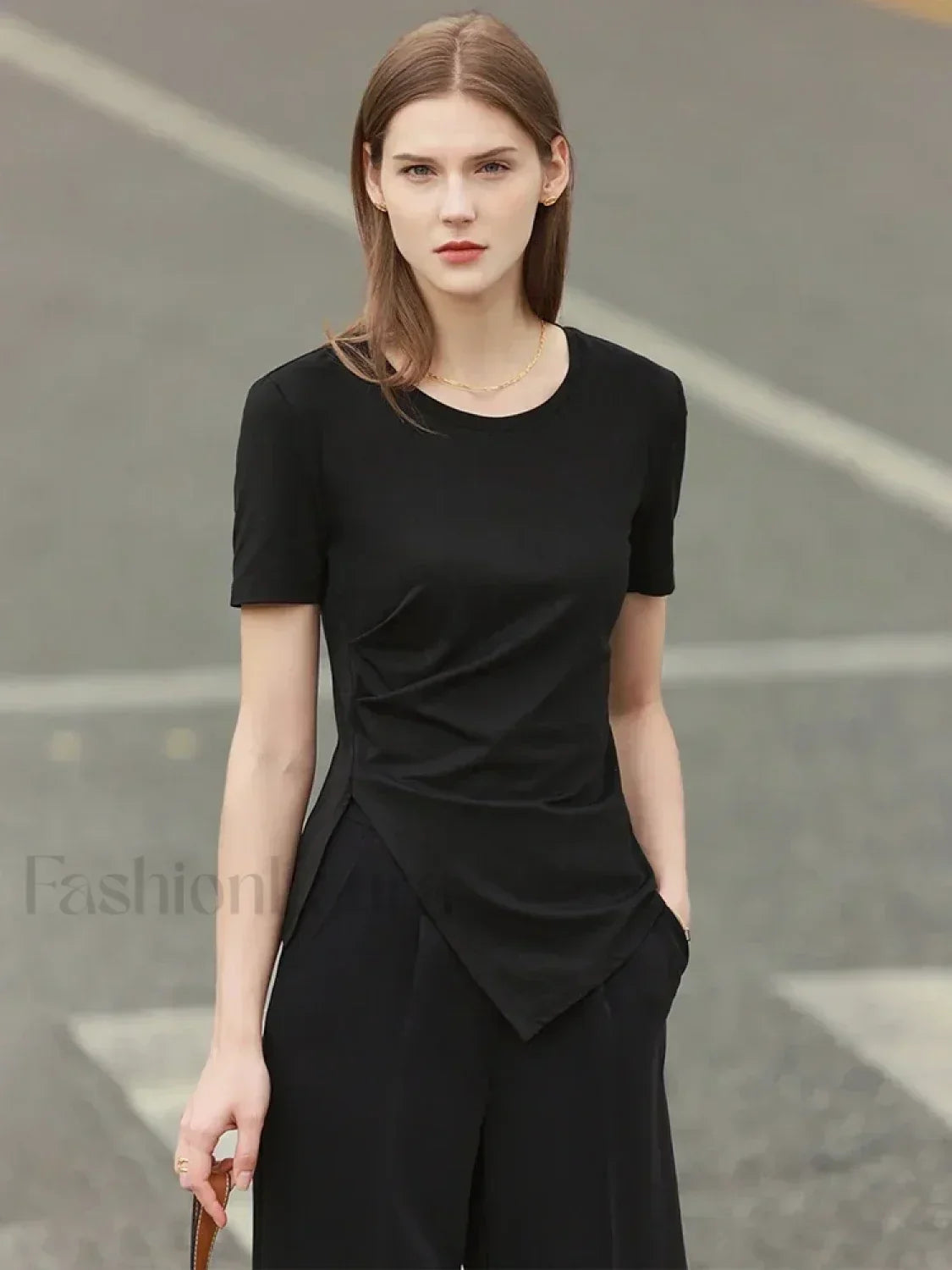 Asymmetric Neck Solid T-Shirt