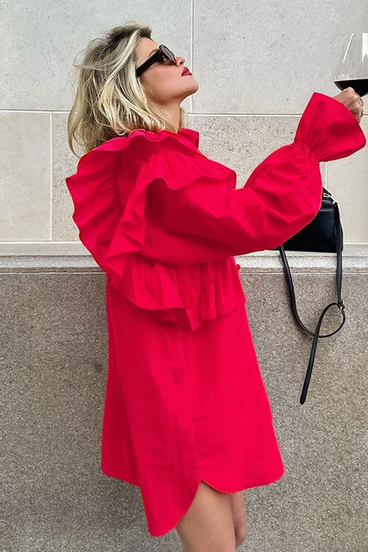 Asymmetric Ruffle Collared Button Up Babydoll Micro Mini Shirt Dress