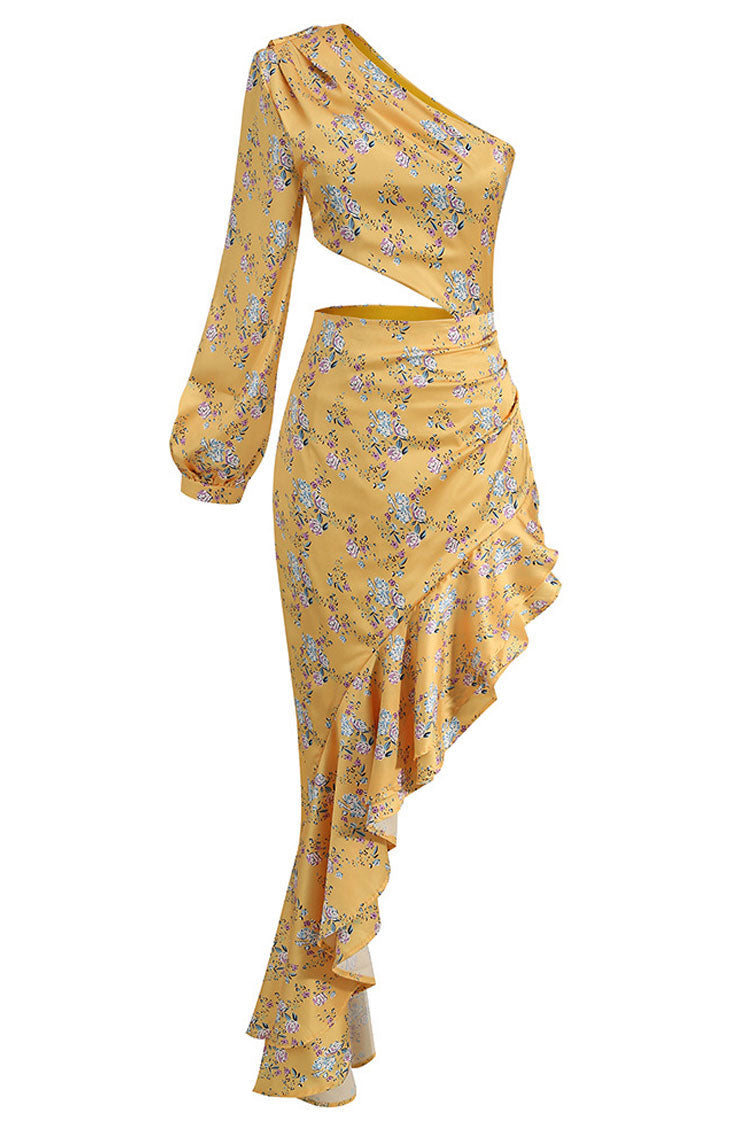 Floral Print One Shoulder Long Sleeve Cut Out Ruffle High Low Maxi Dress