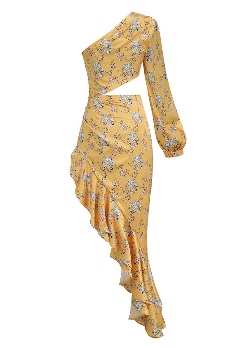 Floral Print One Shoulder Long Sleeve Cut Out Ruffle High Low Maxi Dress