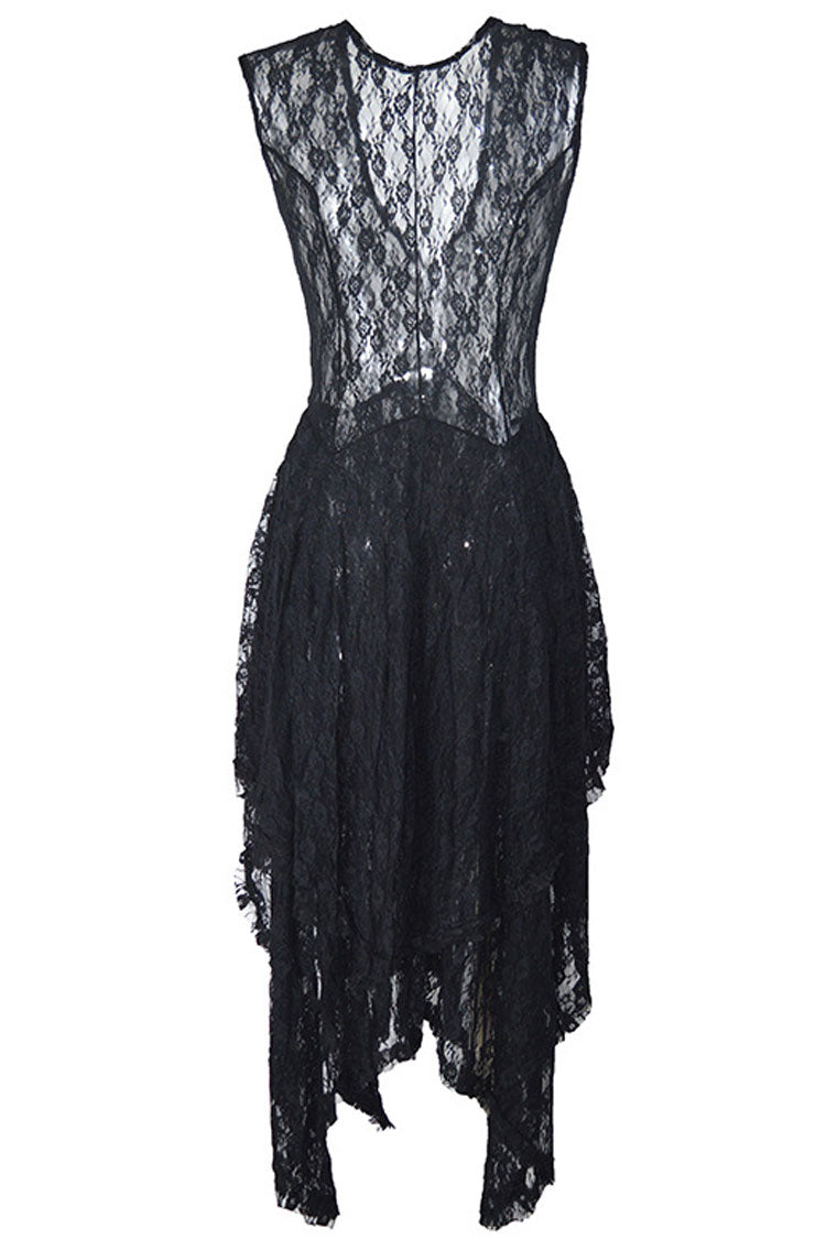 Asymmetric Tiered Ruffle Sleeveless Maxi Lace Dress - Black 4