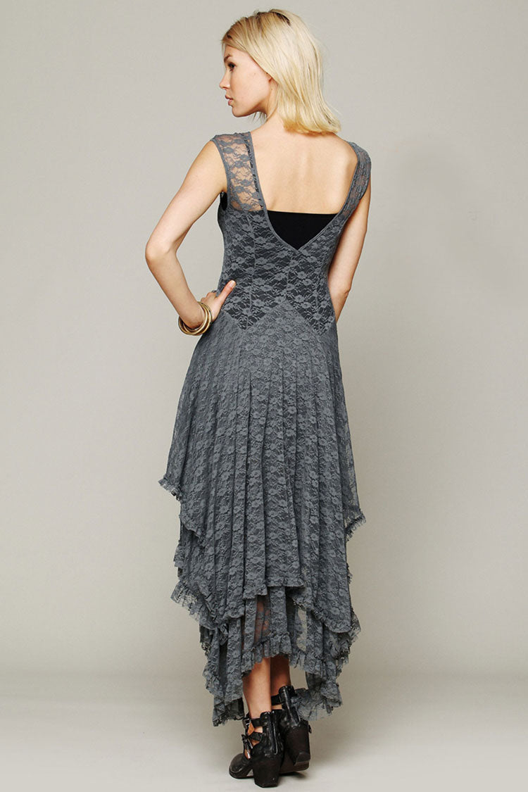 Asymmetric Tiered Ruffle Sleeveless Maxi Lace Dress - Gray 2