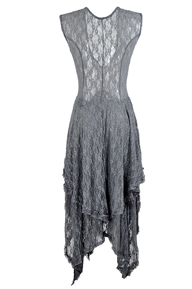 Asymmetric Tiered Ruffle Sleeveless Maxi Lace Dress - Gray 4