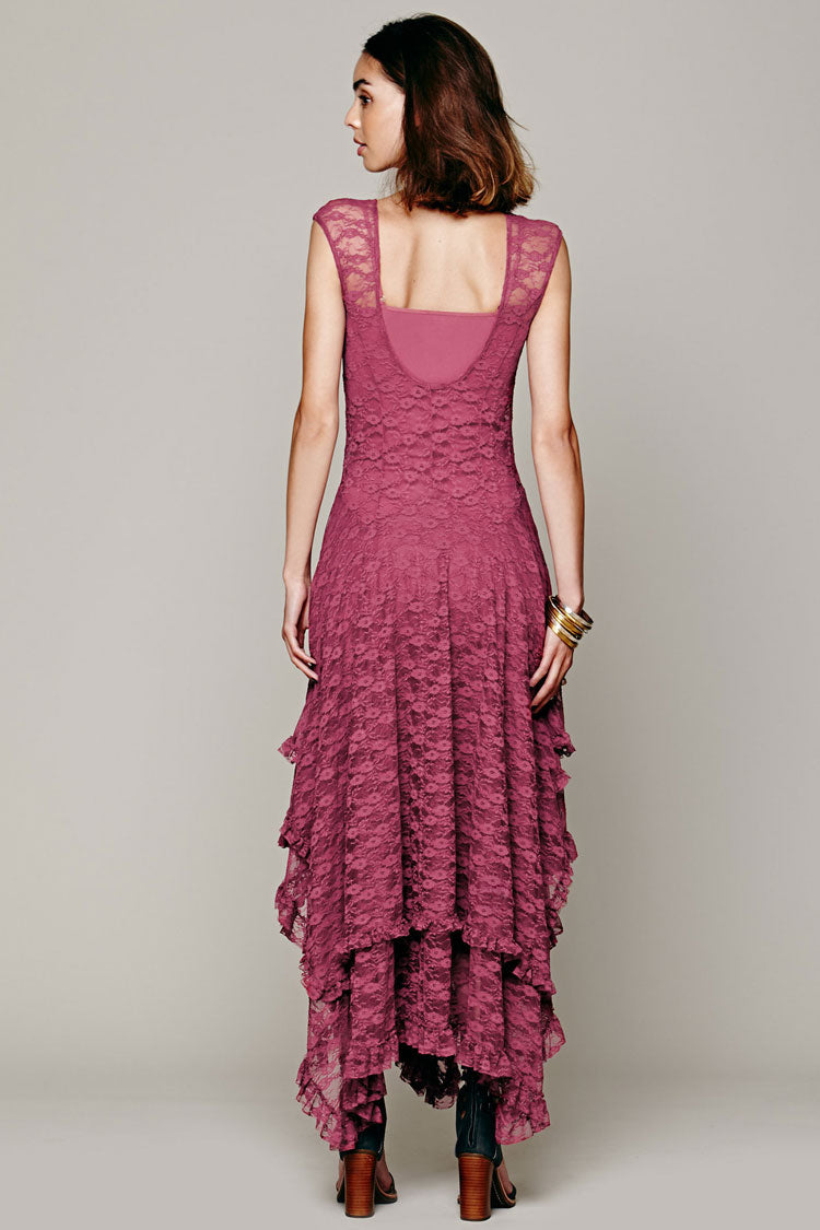 Asymmetric Tiered Ruffle Sleeveless Maxi Lace Dress - Mauve 2