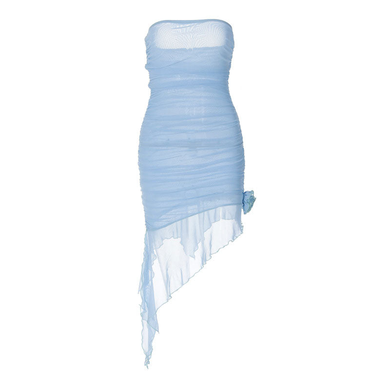 Mesh Applique Ruched Strapless Bodycon Mini Dress in Blue - View 3