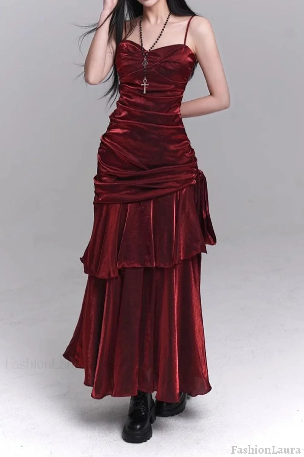 Asymmetrical Burgundy Ruffled Cami Party Dress